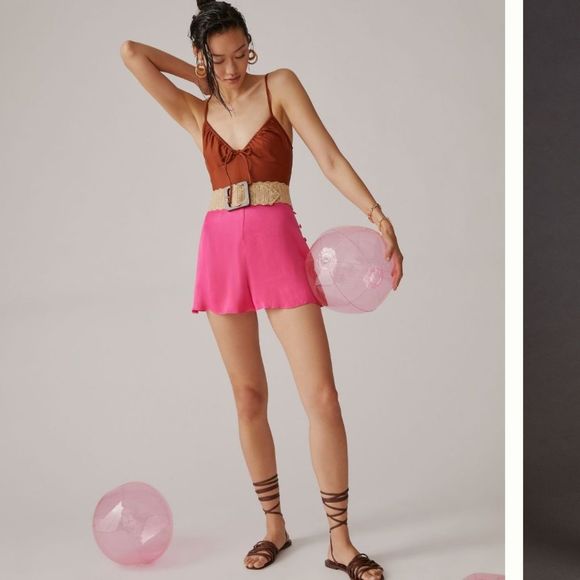 NWT Anthropologie Maeve Barbie Hot Pink Satin Flare Button Waist Tie Shorts - Picture 1 of 5